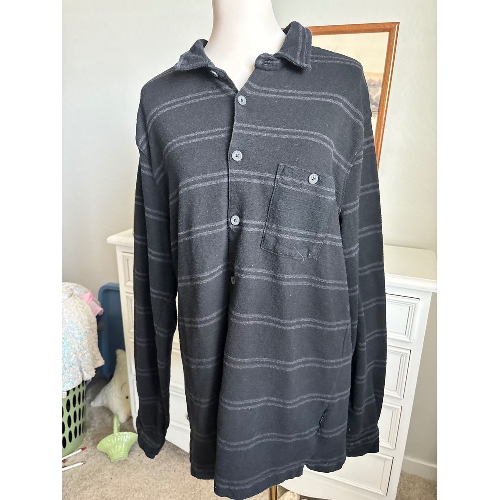 Billabong Mens XXL Striped Long Sleeve Polo Shirt Cotton Surf Skate Black Grey
